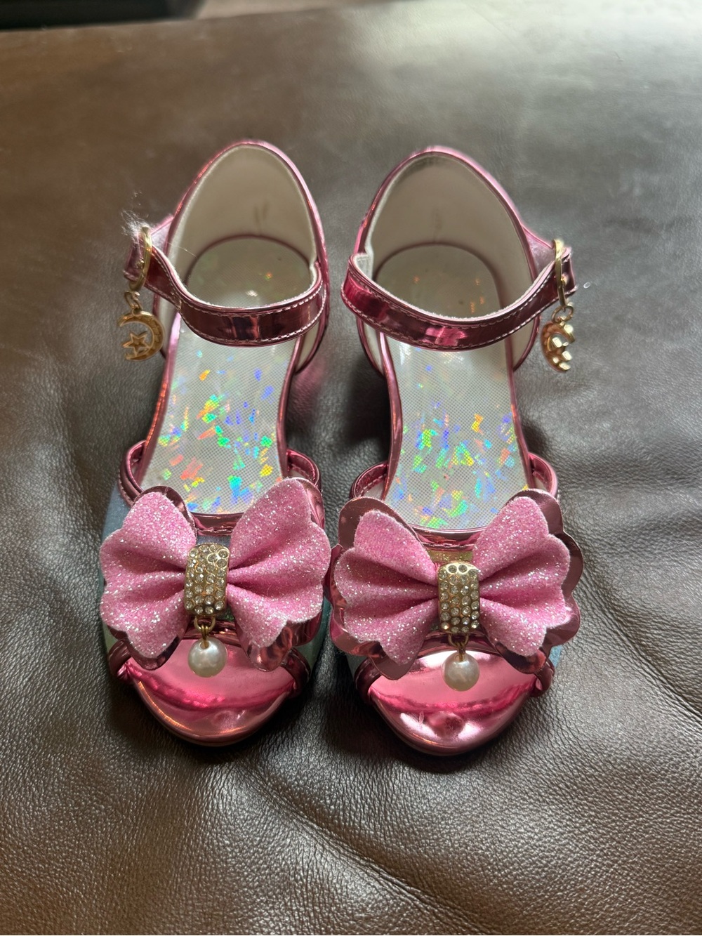 Girls Shiny Pink Bow Dress Shoes with Pearl Charm